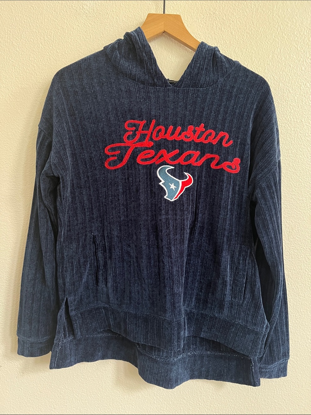 NFL HOUSTON TEXANS Embroidered Hoodie Sweatshirt Chenille Knit Navy Blue Women M